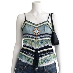 Y2K Deadstock Punky Girl Beaded Lace Patchwork Cami Top (Size Small)
